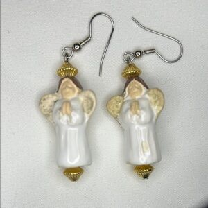 Vintage Ceramic Angel Earrings with gold tone accents